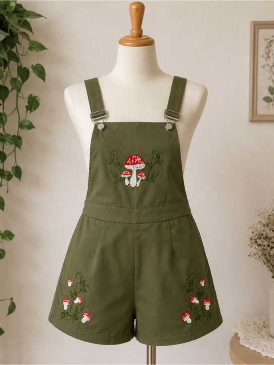 ROMWE Pants - ROMWE Mushroom Embroidered Overall Romper Shorts Cottagecore Fairycore L